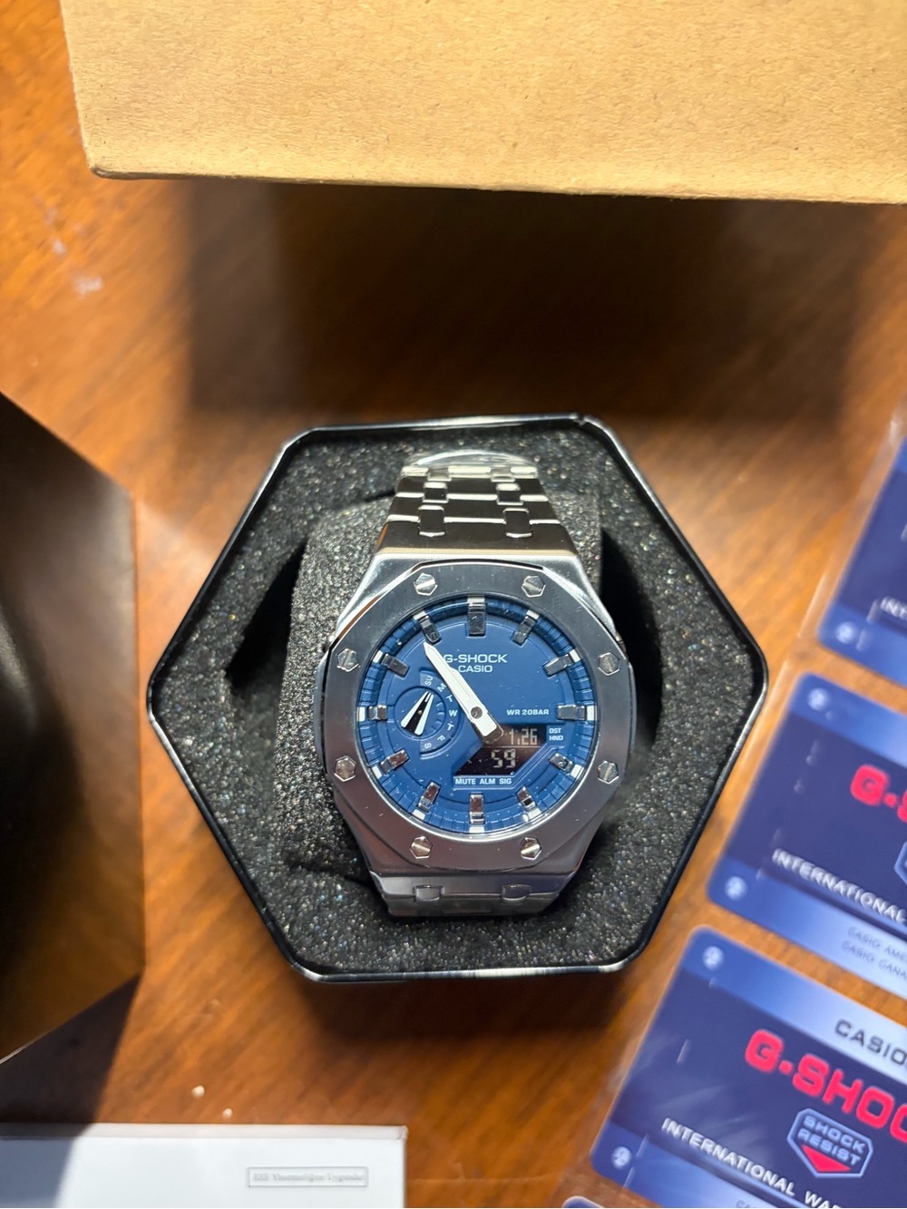 Casio G-Shock Men’s Blue Dial Silver Steel Bracelet Watch